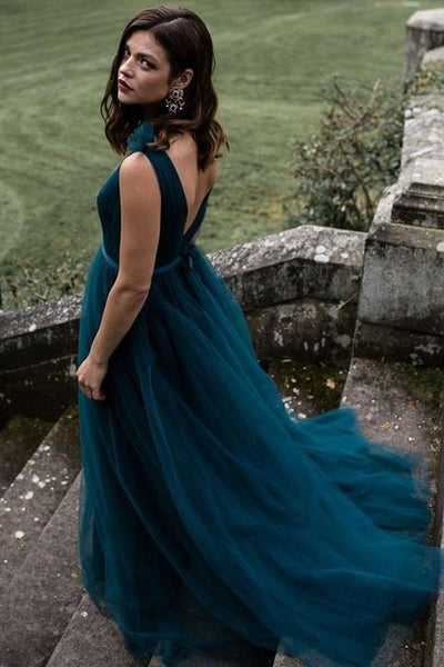 V-neck Long A-line Teal Tulle Prom Dresses, Long Bridesmaid Dresses, Newest Popular Bridesmaid Dresses