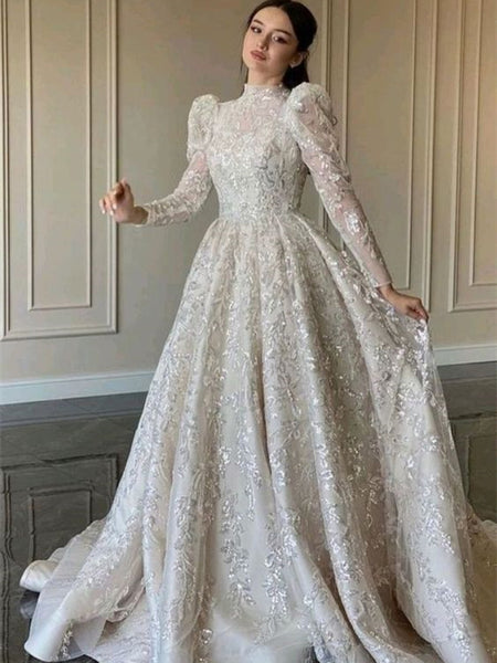 High Neck Bubble Sleeves Lace Wedding Dresses, A-line Wedding Dresses, Gorgeous Bridal Gown, Affordable Wedding Dresses