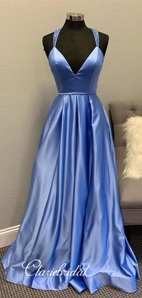 Deep Neckline Satin Prom Gowns, Fashion Unique Beaded A-line Prom Dresses