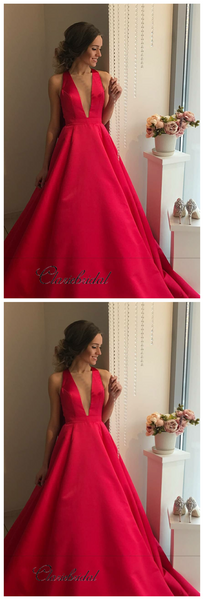 Red Color A-line Satin Long Prom Dresses, Simple V-neck Evening Party Prom Dresses
