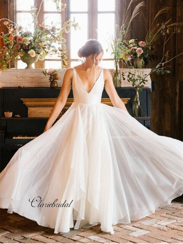 Straps Deep V-neck Wedding Dresses, A-line Country Wedding Bridal Gowns