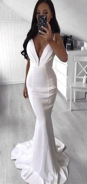 Spaghetti Straps Mermaid Long Prom Dresses, Deep V-neck Sexy Wedding Dresses