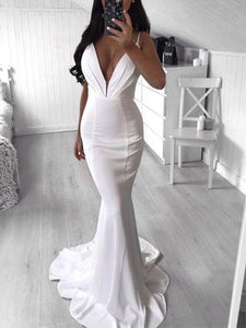 Spaghetti Straps Mermaid Long Prom Dresses, Deep V-neck Sexy Wedding Dresses