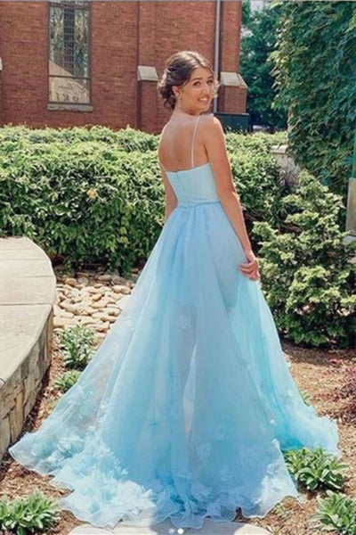 High Low Light Blue A-line Long Prom Dresses, 2021 Evening Party Prom Dresses