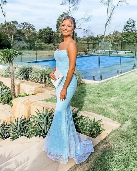 Sky Blue Mermaid Elegant 2021 Long Prom Dresses, Strapless Evening Party Girl Dresses