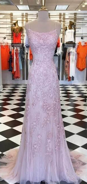 Spaghetti Strap Long Prom Dresses 2019, Elegant Lace Prom Dresses