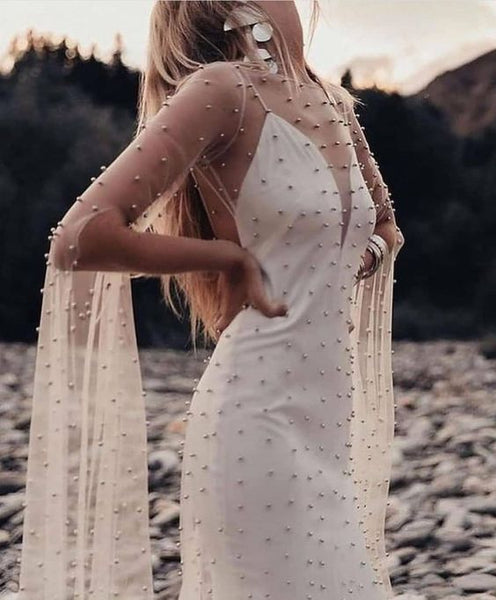 Boho Long Wedding Dresses, Affordable Pearl Wedding Dresses, Newest Bridal Gown, 2022 Wedding Dresses