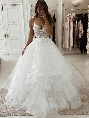 Spaghetti Long A-line Tulle Wedding Dresses, Lace Wedding Dresses, Popular Bridal Gown, 2020 Wedding Dresses