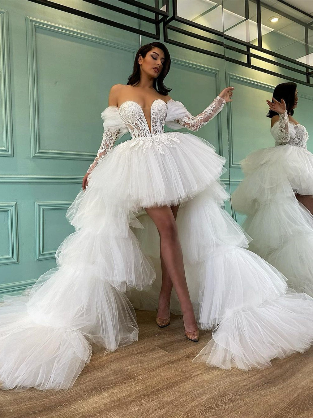 Off Shoulder Lace Tulle Wedding Dresses, Hi-low Wedding Dresses, Detachable Tulle Wedding Gown, Bridal Gown, Wedding Dresses