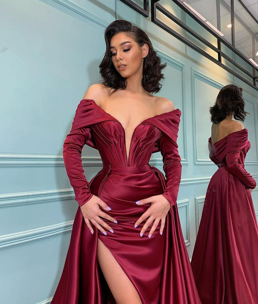Off Shoulder Prom Dresses, Long Sleeves Prom Dresses, High Slit Prom Dresses, Long Prom Dresses, 2021 Prom Dresses, Cheap Prom Dresses