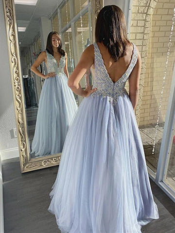 V-neck Long A-line Light Blue Lace Tulle Prom Dresses, Long Prom Dresses, 2020 Prom Dresses