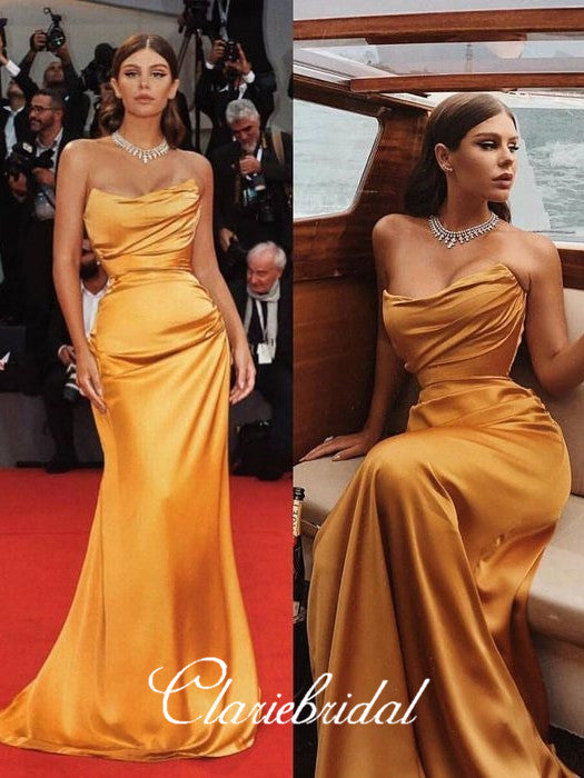 Strapless Long Mermaid Elastic Satin Prom Dresses, Celebrity Dresses, Simple Long Prom Dresses