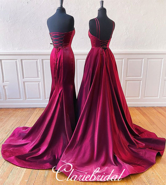 Lovely Plum Satin Prom Dresses, Slit Prom Dresses, Simple Prom Dresses, Affordable Prom Dresses