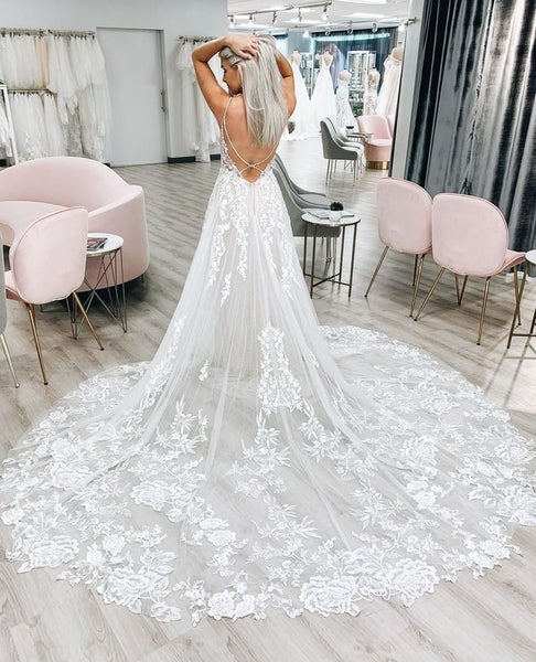 Spaghetti Long A-line Lace Wedding Dresses, Elegant Wedding Dresses, Newest Wedding Dresses