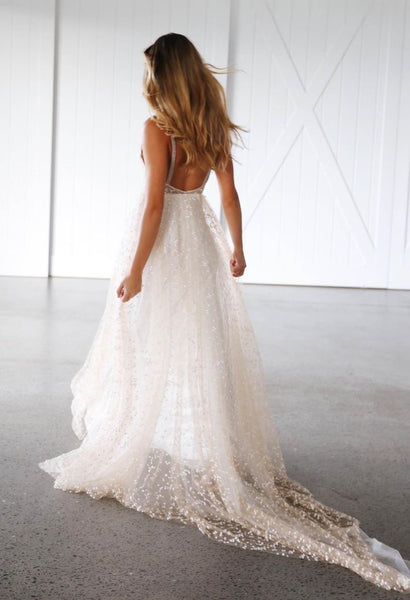 Straps Sequin Tulle Wedding Dresses, Boho Wedding Dresses, Long Wedding Dresses, Newest Wedding Dresses