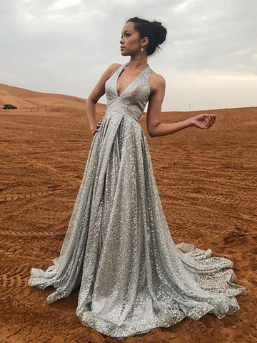 V-neck Halter Long A-line Silver Grey Sequin Tulle Prom Dresses, Newest 2021 Prom Dresses