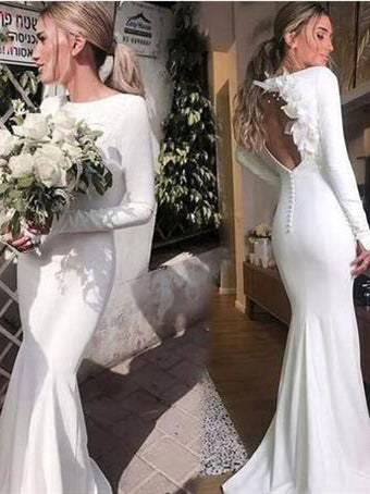 Long Mermaid Jersey Wedding Dresses, Long Sleeves Wedding Dresses, Open Back Wedding Dresses, 2020 Wedding Dresses