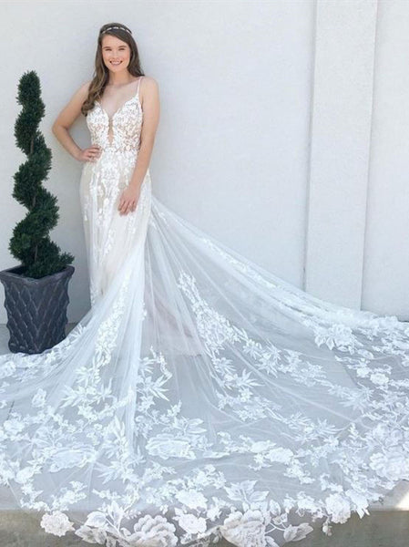 Spaghetti Long A-line Lace Wedding Dresses, Elegant Wedding Dresses, Newest Wedding Dresses