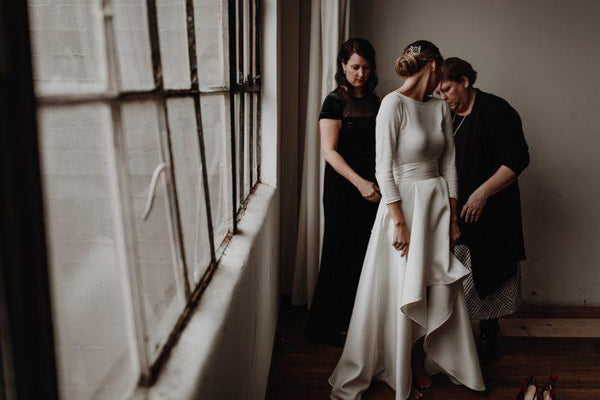 Long Sleeves Hi-low Jersey Wedding Dresses, Simple Design Bridal Gown