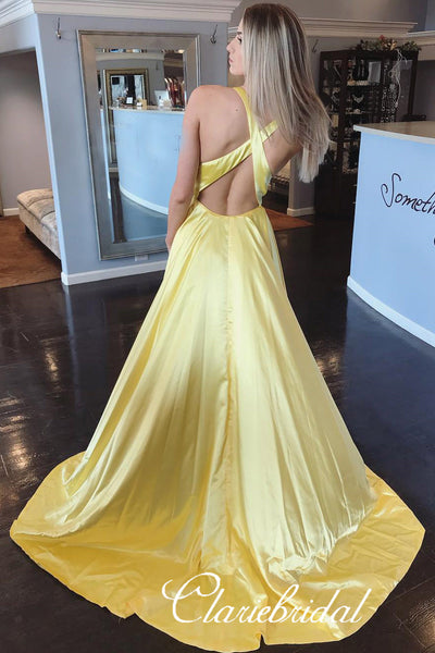 V-neck Long A-line Yellow Prom Dresses, Cross Back Prom Dresses, High Slit Prom Dresses
