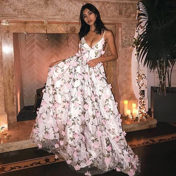 Spaghett Long A-line Floral Prom Dresses, Popular Prom Dresses, 2021 Prom Dresses