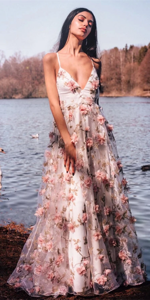 Spaghett Long A-line Floral Prom Dresses, Popular Prom Dresses, 2021 Prom Dresses