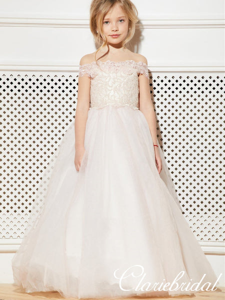 Off Shoulder Lace Tulle Flower Girl Dresses, Lovely Little Girl Dresses