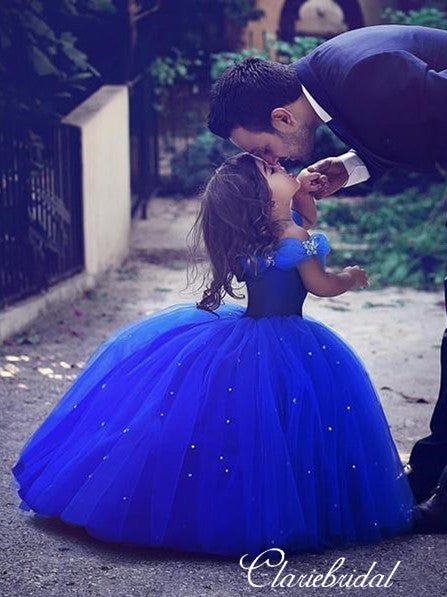 Off Shoulder Ball Gown Royal Blue Tulle Beaded Flower Girl Dresses