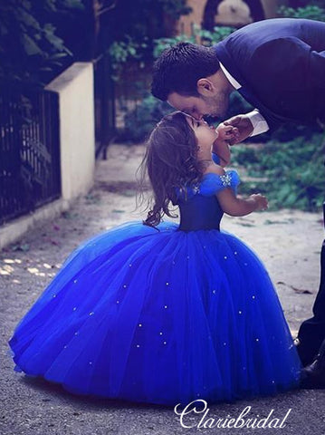 Off Shoulder Ball Gown Royal Blue Tulle Beaded Flower Girl Dresses