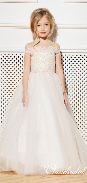 Off Shoulder Lace Tulle Flower Girl Dresses, Lovely Little Girl Dresses