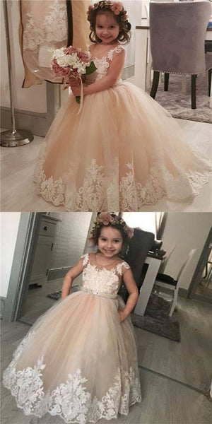 Round Neck Long A-line Lace Tulle Flower Girl Dresses, Pricess Dresses, Little Girl Dresses