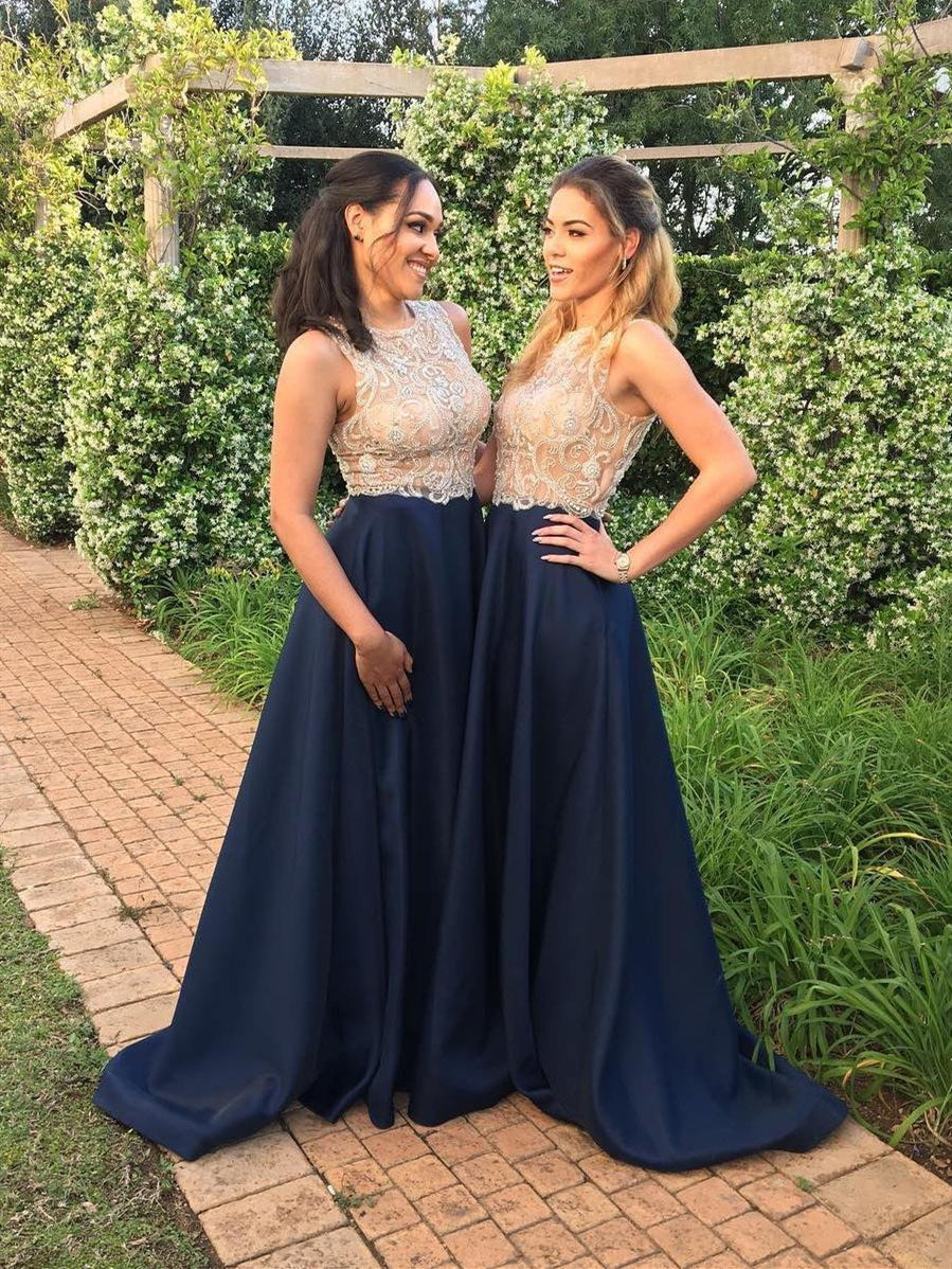 Round Neck Long A-line Navy Satin Bridesmaid Dresses, Lace Beaded Bridesmaid Dresses, Prom Dresses