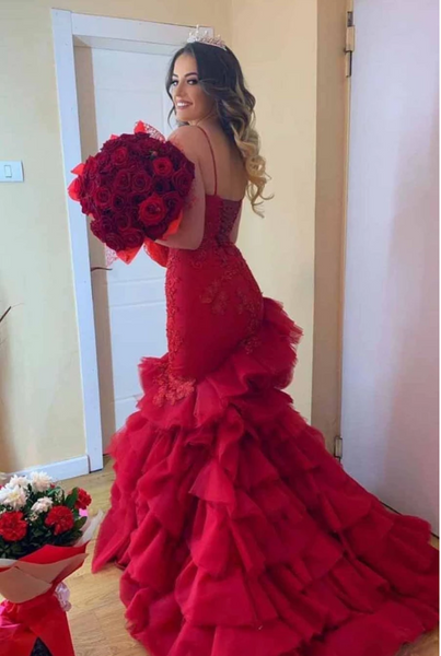 Sweetheart Long Mermaid Red Lace Tulle Prom Dresses, Formal Dresses, Long Prom Dresses, Wedding Gown