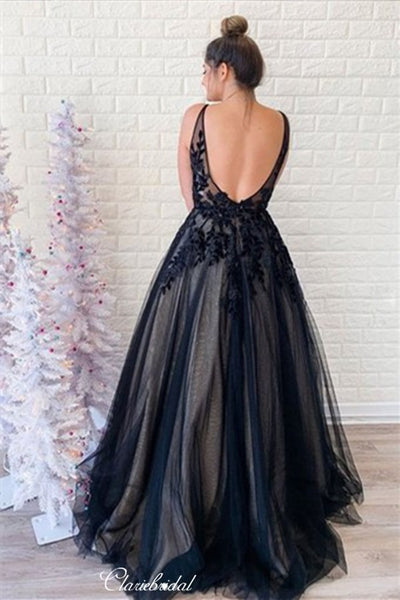 V-neck Lace Long Prom Dresses, Black A-line School Party Prom Dresses