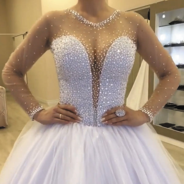 Long Sleeves Beaded Tulle Wedding Dresses, Ball Gown Wedding Dresses, Long Wedding Dresses