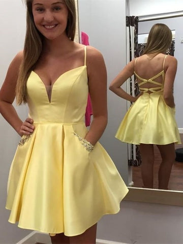 Simple Yellow Satin Homecoming Dresses, Short Prom Dresses, Popular Homecoming Dresses