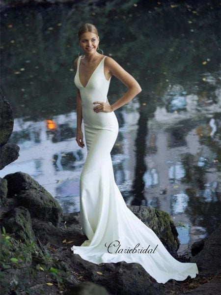 Simple Custom Design Wedding Dresses, Deep V-neck Mermaid Sexy Wedding Dresses