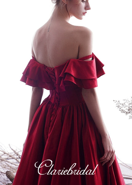 Off Shoulder Long A-line Red Satin Prom Dresses, Lace Up Prom Dresses, 2020 Prom Dresses