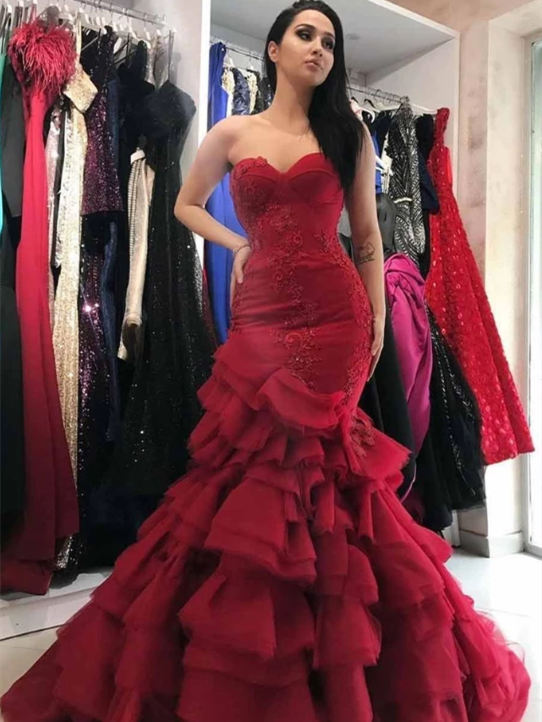 Sweetheart Long Mermaid Red Lace Tulle Prom Dresses, Formal Dresses, Long Prom Dresses, Wedding Gown