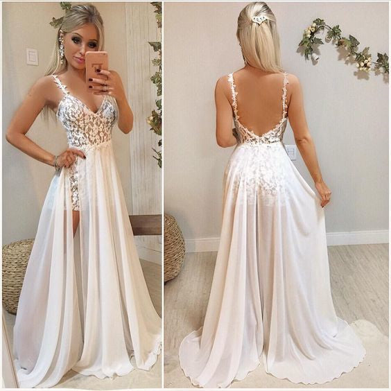 Straps Long A-line Lace Chiffon Prom Dresses, 2 Pieces Prom Dresses, Newest Prom Dresses