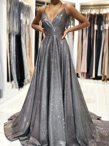 Spaghetti Long A-line Shemmering Prom Dresses, Shiny Prom Dresses, Long Prom Dresses