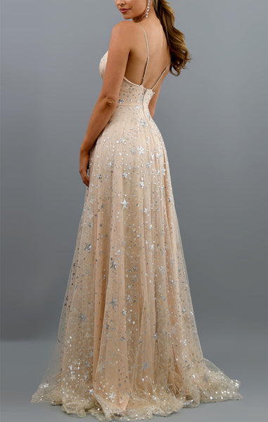 Spaghetti Long A-line Champagne Star Sequin Prom Dresses, Popular 2022 Prom Dresses, Long Prom Dresses, Newest Prom Dresses