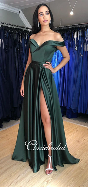 Off Shoulder Long Prom Dresses, Side Slit Prom Dresses, Long Prom Dresses, Simple A-line Prom Dresses