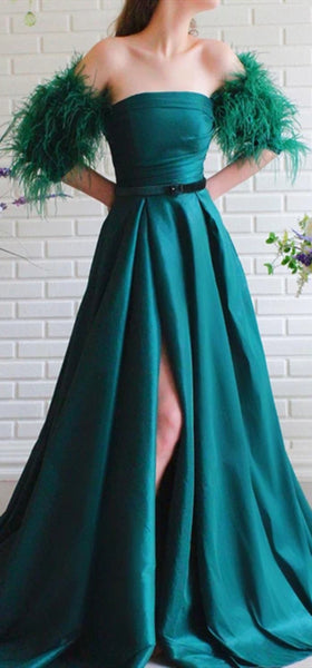 Strapless Long A-line Satin Prom Dresses With Feather Sleeves, Side Slit Prom Dresses, Newest Prom Dresses