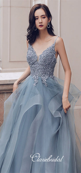Spaghetti Long A-line Grey Tulle Lace Prom Dresses, Beaded Prom Dresses, Lovely Long Prom Dresses