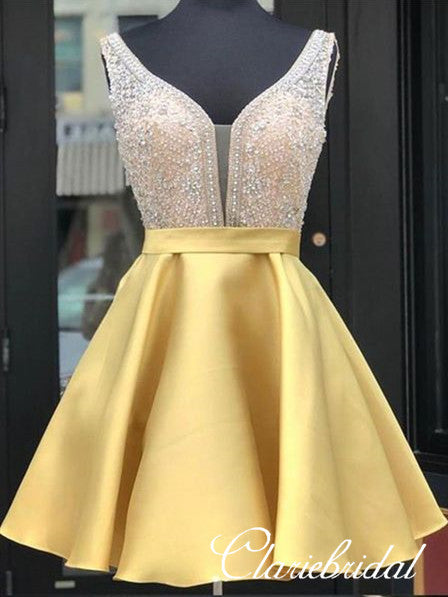 V-neck Rhinestone Beaded Satin Homecoming Dresses, Short Prom Dresses