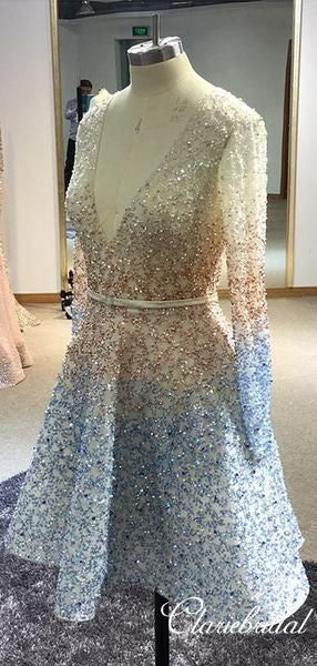 V-neck Beaded Long Sleeves Homecoming Dresses, Short Prom Dresses