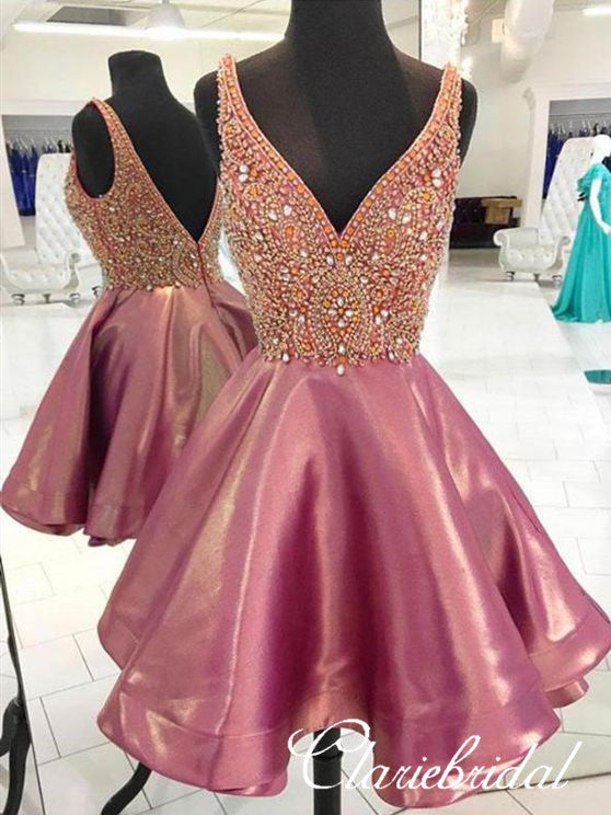 V-neck Rhinestone Short Prom Dresses, Homecoming Dresses