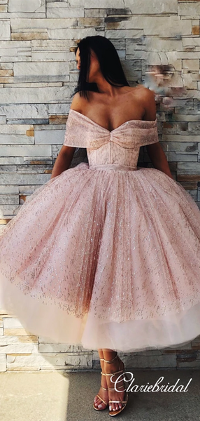 Off Shoulder Rose Gold Sequin Tulle Fluffy Homecoming Dresses