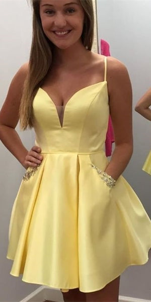 Simple Yellow Satin Homecoming Dresses, Short Prom Dresses, Popular Homecoming Dresses